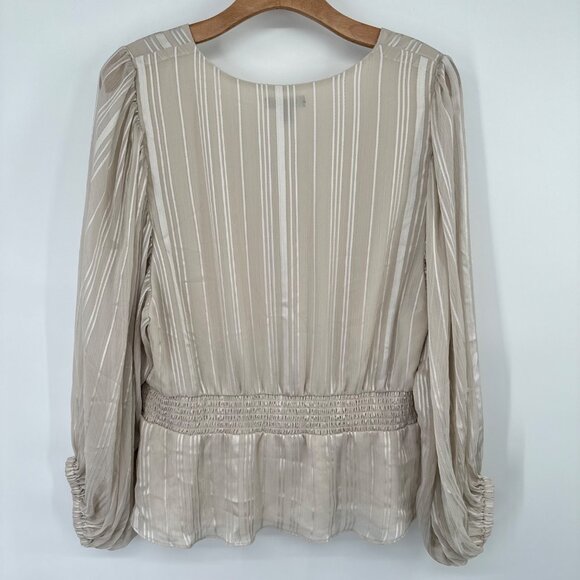 Express Women's Beige Striped V-Neck Blouse chiffon size xl lined Peplum - Picture 9 of 10